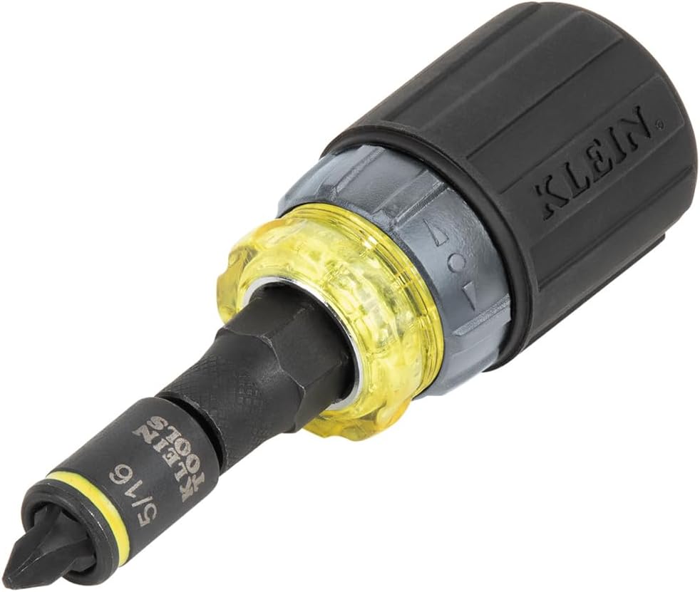 Klein Tools 32561HDRT KNECT 7-in-1 Ratcheting Screwdriver, Impact Rated, Stubby with Phillips, Slotted Bits, 3 Nut Drivers, Adapter, 7-Piece