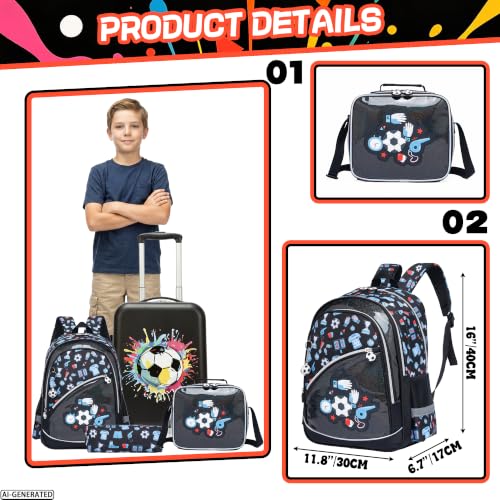 Image of Kids Carry on Luggage Set 5 Piece Kids Luggage with Wheels 16 inch Toddler Suitcase for Boys Airline Approved (Football)