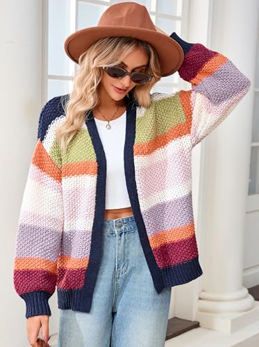 Open Front Chunky Cardigan Sweaters for Women Long Sleeve Color Block Striped Oversized Fall Sweater Coat2