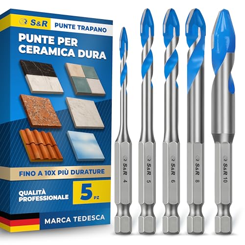 VERSATILI E FACILI DA USARE – Trapana più materiali contemporaneamente (piastrella + colla + mattone). Foratura a secco – No percussione – No acqua. Set da 5 punte: 4, 5, 6, 8, 10 mm. Angolo di taglio ottimizzato per materiali duri, durezza >85 HRA, resistente alle temperature fino a 600 °C. Perfetto per tasselli DIN 4 – 10 mm.