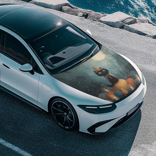 Image of Cute Black Cat Halloween Print Car Hood Cover Easy to Install Fabric Hood Cover Halloween Vehicles Decorate Engine Removable Automotive Accessories Personalized Suitable for Cars(59x39 Inch)