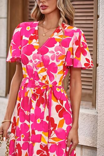 Image of MASCOMODA Women Boho Swiss Dot Maxi Dresses Wrap V Neck Flutter Short Sleeve Solid Tie Waist A Line Tiered Flowy Long Dresses
