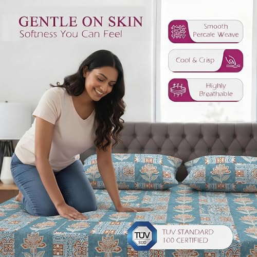 Image of Trance Home Linen 100% Cotton 144TC Elastic Fitted Bedsheet | Printed Queen Bed Size Elasticated Fitted Bedspread with 2 Pillow Covers (Queen 78x60 inch, Ajrak Blue)