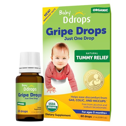 Ddrops Baby Organic Gripe Drops, Natural Tummy Relief Liquid Drops for Newborns, Relief from Gas, Colic and Hiccups, Just One Drop, Herbal Ingredients (60 Drops)