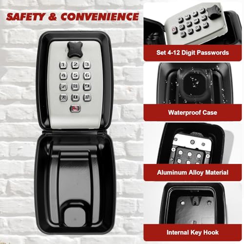 GIBOHOM Schlüsseltresor mit Zahlencode, Schlüsselsafe Wandmontage Außen mit 12 Stellig, Schlüsselkasten mit Zahlencode Rostfrei Robustes mit Wasserdicht Abdeckung, für Haus, Garage, Büro, Schule, Grau