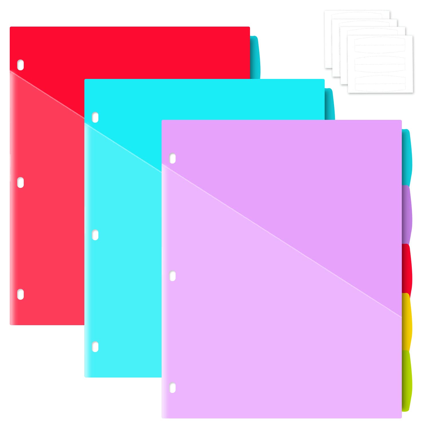 JISUSU 5-Tab Plastic Binder Dividers with Two Pockets - 3 Sets, 15 pcs Multicolor Pocket dividers with 3 Holes for 3 Ring Binders, Bividers with Tabs for School,Office and Home