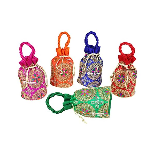 GoldGiftIdeas Flower Zari Embroidered Potli Bags for Ladies, Potli Pouches for Return Gifts, Shagun Potli Clutch, Potli Bags for Baby Shower (Set of 5) - Image 5