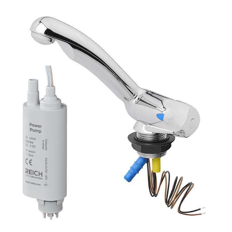 Kalt-Wasserhahn Keramik Style 12V Ø33 mm – Klappbar, Chrom, Kunststoff, für Wohnmobil & Boot inkl. Tauchpumpe 0,5 bar