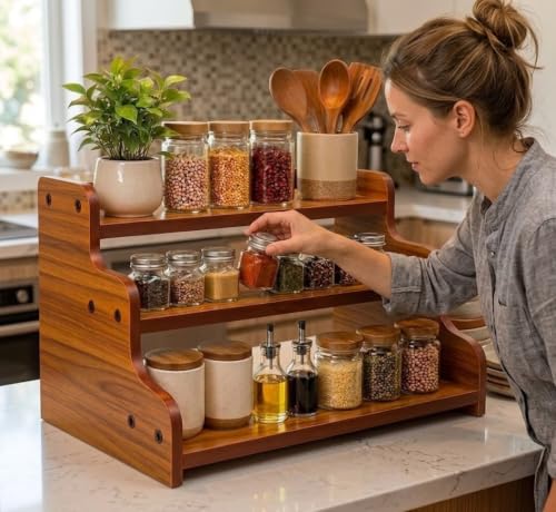 Image of 3-Tier Spice Rack, 13.8 Inch Wood Spice Bottles, Jars, Seasonings, Baking Supplies, Shelf Countertop Spice Storage Holder, Kitchen Pantry Cabinet Organizer Cupboard
