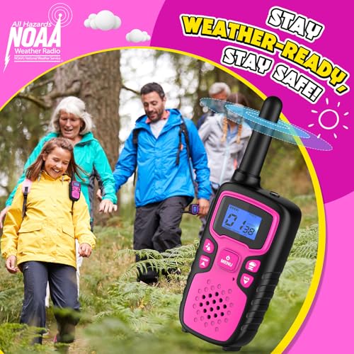 Image of Walkie Talkies for Kids Rechargeable Long Range,Xmas Birthday Gift for 4 5 6 7 8 9 Year Old Girls,Hiking Gear Camping Games Cool Toys with NOAA,SOS Siren,Lamp,Lanyards,Easy to Use,2 Pack