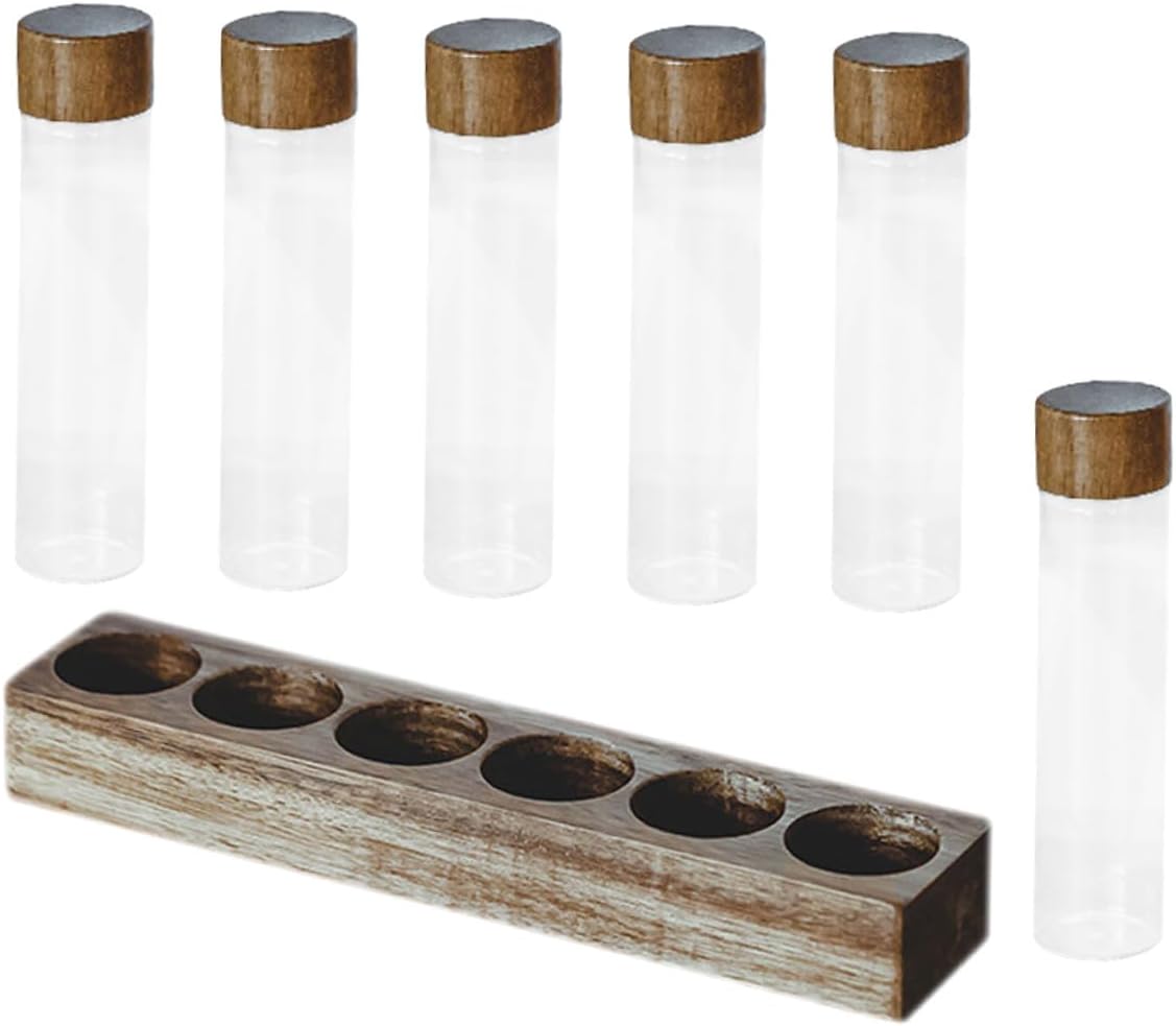Set de 6 Tubos de Vidrio con Base de Madera para Almacenar Café