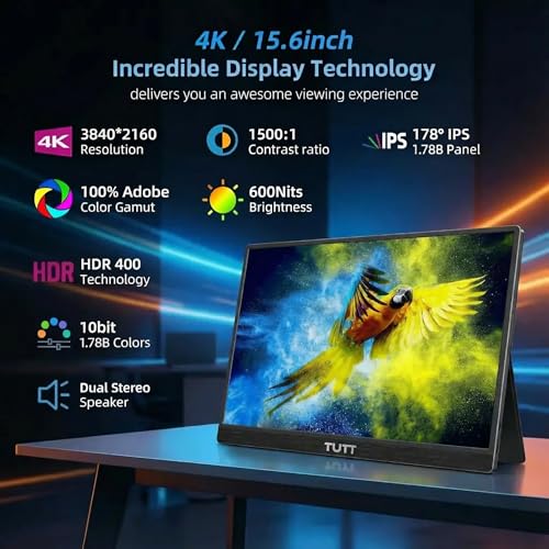 Image of TUTT 15.6 Inch 4K UHD Gaming Portable Monitor with 8000mAh Battery, 600 Nits Brightness, IPS Panel, Black