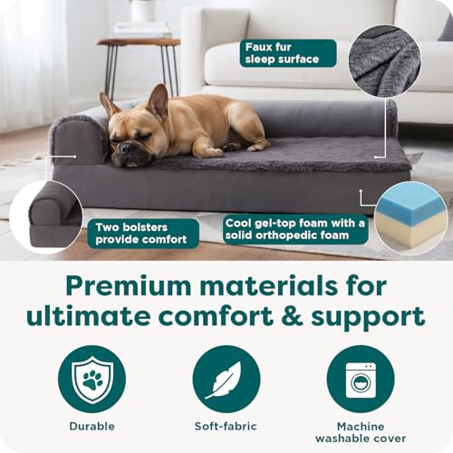 Image of FurHaven Cooling Gel Dog Bed for Medium Dogs, L-Shaped Chaise with Cool Gel-Top Foam with a Solid Orthopedic Foam Base for Joint Support, Washable Cover, Medium, Plush & Velvet, Deep Sapphire