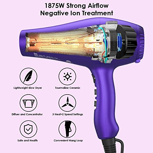 Wazor 3Rd Generation Lightweight Low Noise Hair Dryer,( 1875W Tourmaline Ceramic Negative Ionic Blow Dryer）2 Speed 3 Heat Settings Cool Shot With Diffuser Concentrator(Purple) #TOP1