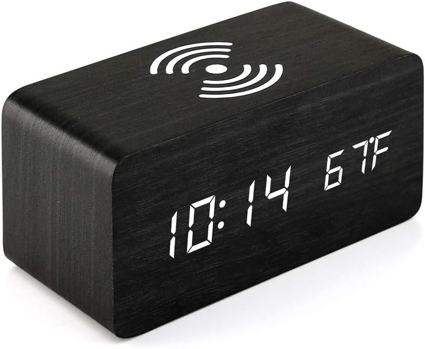 Wooden Digital Alarm Clock with Wireless Charging, LED Digital Clock with Temperature and Date Display, Alarm Clock with Multiple Alarms, 3 Levels Brightness, Sound Control, 12/24H ( Color : Black )