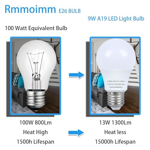 Rmmoimm A19 LED Light Bulbs 100W Equivalent 13W 4000K Soft White 1300 Lumens, Non-Dimmable, E26 Base Energy Efficient 15000Hour Lifespan for Bedroom Living Room Office - image 3