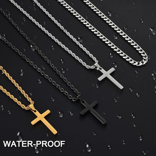 Fiusem 2 Pcs Cross Necklace Chain for Men and Women, Layered Mens Cross Necklaces Stainless Steel Pendant Cuban Link Rope Chain 16-26 Inch, Jewelry Gift 6