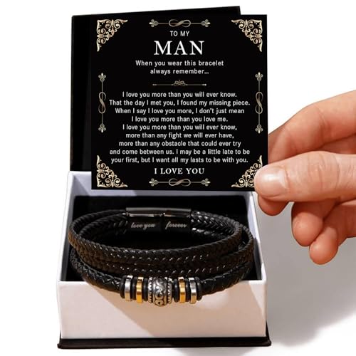 To My Man Bracelet From Girlfriend Wife With Heartfelt Message & Elegant Box, Braided Leather Stainless Steel Bracelets Lettering Love You Forever Gifts for Husband Boyfriend Brother.2