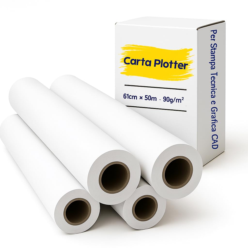 Carta Plotter 61cm x 50m 90g/m² Bianca Professionale Rotolo 4 Pezzi Foro 50mm Ø 96mm