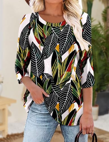 KISSMODA Tunic Tops for Women Loose Fit Dressy Round Neck Pleated 3/4 Length Sleeve Spring Tops