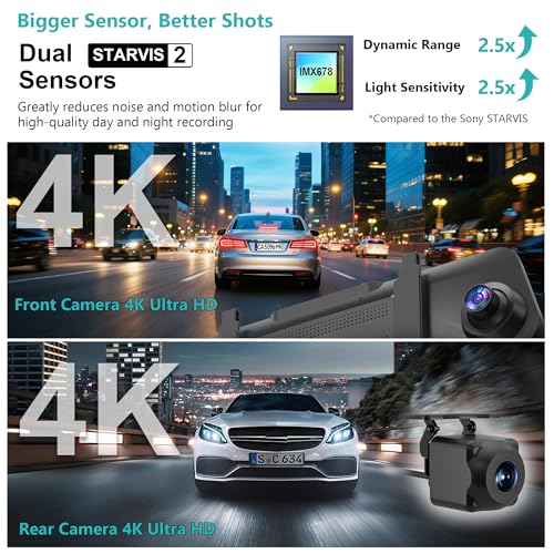 Image of Dual Sony STARVIS 2 IMX678 Sensors 4K+4K Mirror Dash Cam Front and Rear, 12 inch Smart Rear View Camera with ADAS Blind Spot Detection, Super Night Vision HDR, 5G WiFi GPS, 64GB, 24H Parking