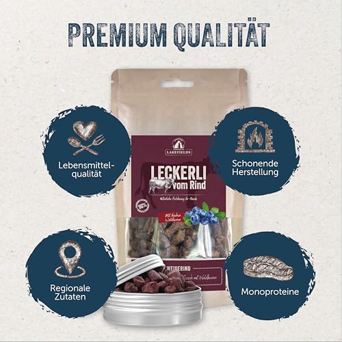 Lakefields Hundeleckerli | Trockenfleischwürfel vom Rind | 50g | 90% Rindfleisch | Getreidefreie Hunde Snacks mit Kartoffeln & Waldbeeren | Knusprige Belohnung für Zwischendurch | Ohne Zusätze