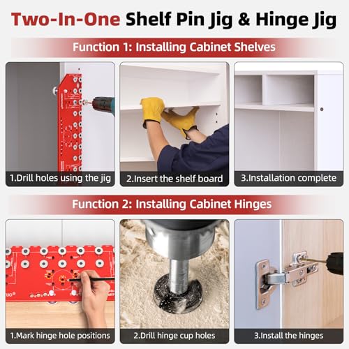 Image of 11-Hole Shelf Pin Jig and Hinge Jig 2-in-1,1 /4 Inch and 5mm Shelf Pin Drilling Jig,Self-contained Clamping Function Shelf Jig and Cabinet Hardware Jig Tool Drill Guide