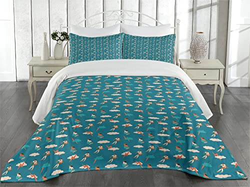 Ambesonne Skateboarding Coverlet, Repeated Pattern of Boy Motifs Making Moves on Skateboard Clouds, 3 Piece Decorative Quilted Bedspread Set with 2 Pillow Shams, Queen Size, Teal Sienna