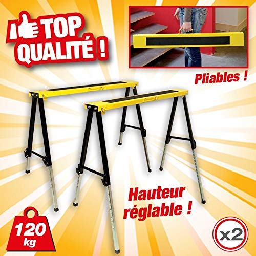 Lot de 2 Tréteaux Pliables - Hauteur Réglable - Polyvalents et Stables - Charge Maximale de 120 kg par Tréteau - 100% métal