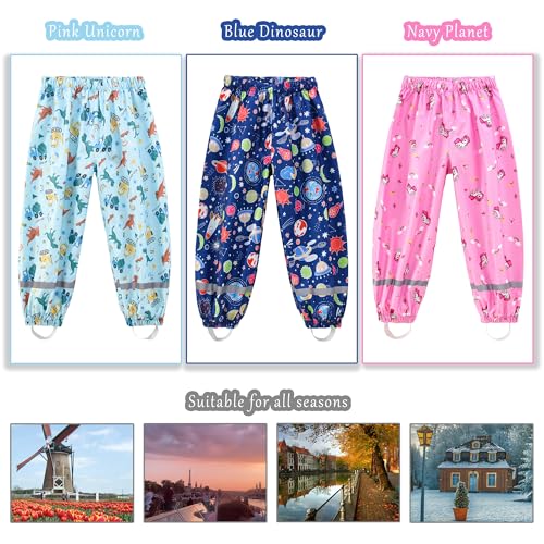 Dioshark Regenhose Jungen wasserdichte Matschhose Baby Kleinkind Blau Sommer Dünn Buddelhose mit Reflektor Regenlatzhose Ohne Träger Gefüttert Atmungsaktive Dinosaurier Fahrrad Schule Alter 1-2 Jahre