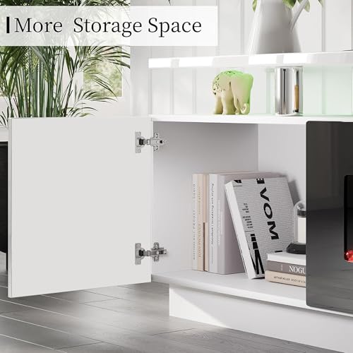 Image of AMERLIFE 80 inch High-Gloss Fireplace TV Stand with 40 inch Electric Fireplace | White /Black LED TV Console, Modern Living Room Entertainment Center, Fits TVs up to 90 inch, 2 Cabinets, 2-Tier Storage Space