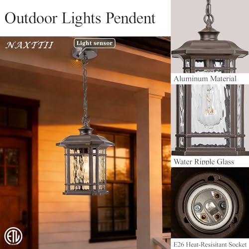Image of Waterproof Outdoor Hanging Lantern Light 13.8 Inch Large Outdoor Pendant Light with Adjustable Chain Dusk to Dawn Aluminum Hanging Porch Light with Water Ripple Glass E26 Socket