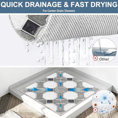 Image of Square Shower Mat Non Slip: 24x24 Inch Extra Large Shower Mats for Inside Shower, Non Slip Shower Mat with Drain Hole in Middle- Anti Slip Shower Floor Mat, Loofah Shower Stall Mats for Elderly