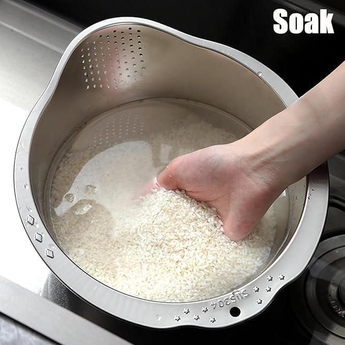 Image of Stainless Steel Rice Washer Strainer Bowl | Multi-Purpose 4-in-1 Rice Rinser & Colander with Side Drainers | Washing Bowl for Rice, Dal, Pulses, Quinoa, Grains, Fruits & Vegetables | 27 cm