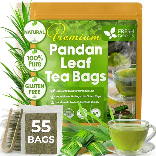 Image of FreshDrinkUS, Premium 55 Pandan Leaf Tea Bags, 100% Natural & Pure from Pandan Leaves. Loose Leaf Pandan Herbal Tea. Made with Natural Material Tea Bags. No Sugar, No Caffeine, No Gluten, Vegan.