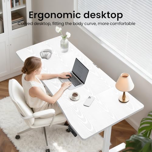 Image of Veken 63 x 28 Inch Electric Standing Desk, Sit to Stand Up, Work Home Office Computer Table for Study, Walking Pad, Writing, and Games, Wooden Desktop Desks, White
