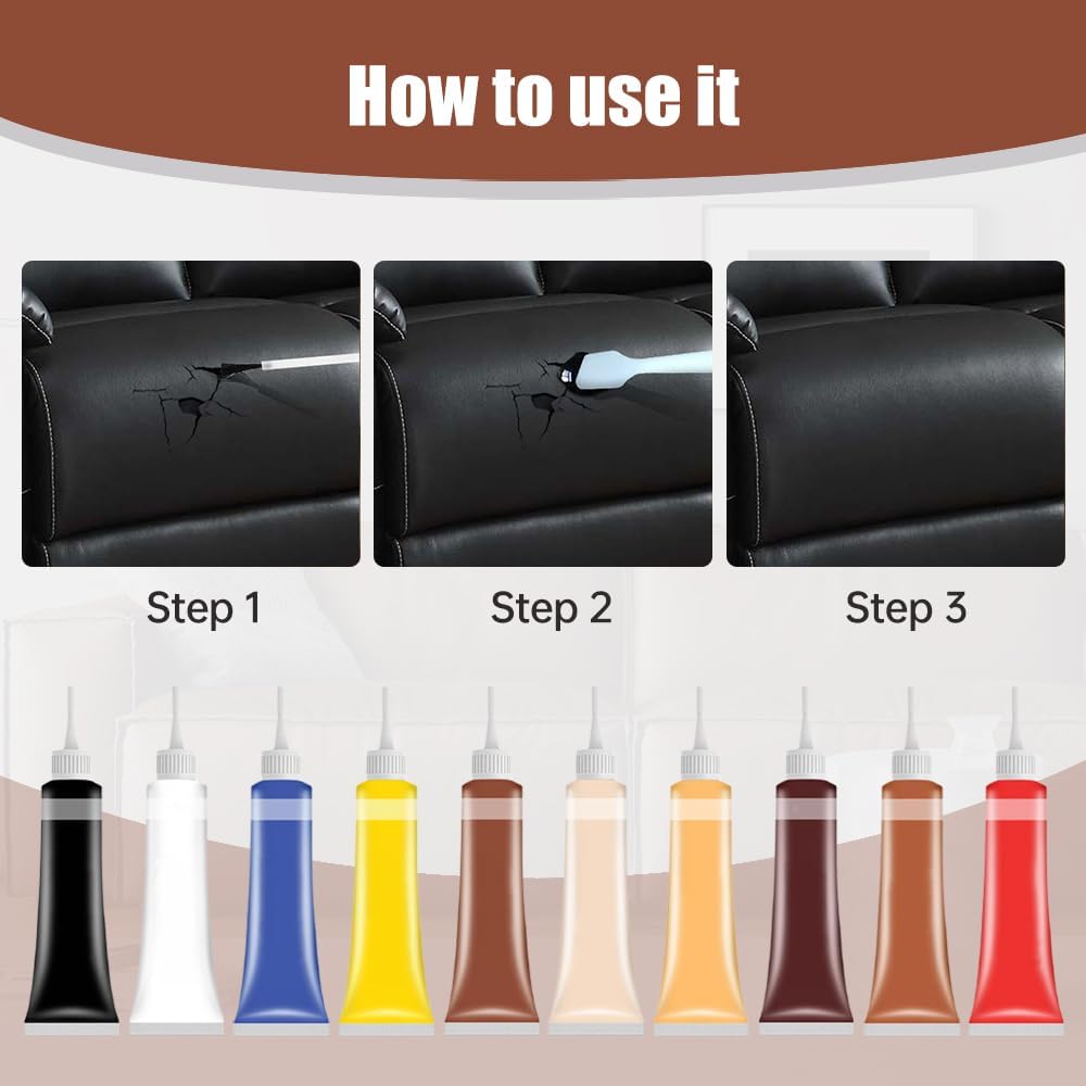 Advanced Gel de reparación de cuero, kit de reparación profesional de cuero para asiento de coche, kit de reparación de vinilo, multifuncional, muebles, sofá y chaqueta (7 piezas de color)