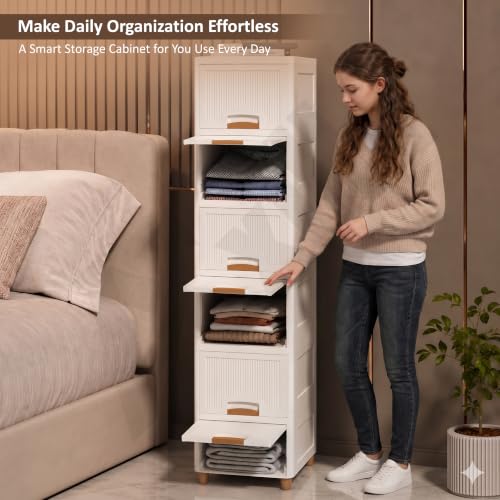 Image of 6 Tier Foldable Wardrobe Organizer for Clothes | Multipurpose Closet Storage Rack | Kid Wardrobe for Cloth & Toys | Stackable Cabinet | Space Saving Almirah for Living Room & Home (Ivory)