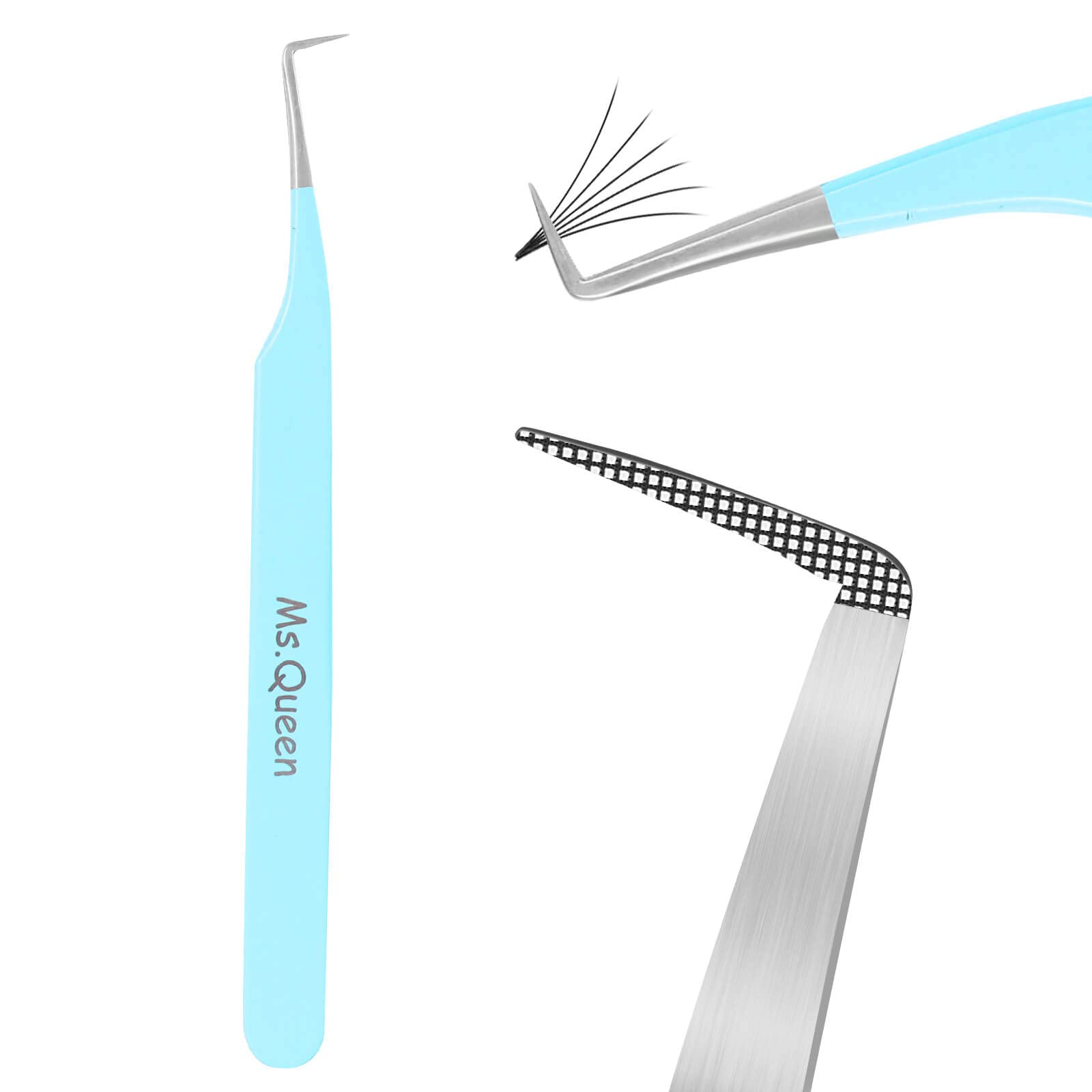 Ms.Queen Lash Tweezers for Eyelash Extensions, Precision Fiber Tip 90 Degree Tweezers for Mega Volume Lashes Extensions, Blue