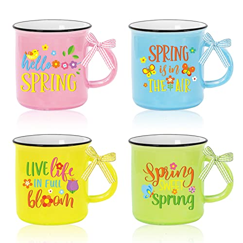 Whaline 4Pcs Spring Mini Coffee Mug with Plaid Ribbon Cartoon Flower Butterfly Mini Drinking Mug Colorful Tiered Tray Decor for Spring Easter Table Centerpieces Decor Housewarming Gift
