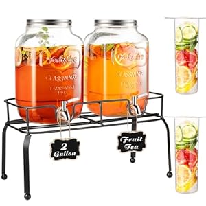 2 Gallon Drink Dispensers for Parties, Beverage Dispenser with Stand Stainless Steel Spigot Large Glass Drink Dispenser Lemonade Dispenser for Parties Water Juice Dispenser Punch (2 Pack)