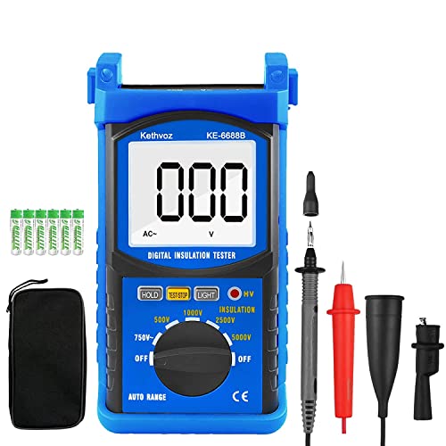 Kethvoz KE-6688B Digital Megohmmeter, Kethvoz 500V/1000V/2500V/5000V Insulation Resistance Tester, Auto Range Megohm Meter 1Mω~2Gω, Testing Ac Voltage 750V,Data Hold Backlit Lcd cover