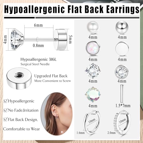 Jstyle Hypoallergenic Earrings for Sensitive Ears-20G Flat Back Earrings for Women Men-Small Surgical Steel Stud Earrings Huggie Hoop Cartilage Nap Earring Sets3
