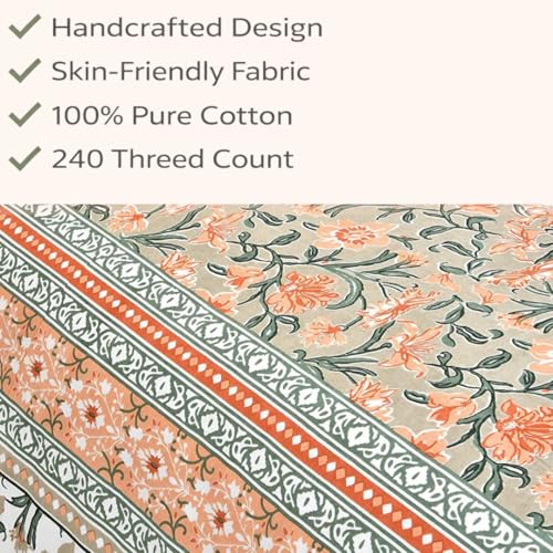Image of ElanorHomes Cotton Double King Size Bedsheet | Hand Printed | Ultra-Soft & Skin-Safe | Breathable Summer Comfort | 90x108 inches with 2 Pillow Covers (Garden)