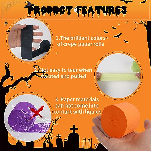 Image of 12 Rolls Halloween Crepe Paper Streamers, 4 Colors Halloween Party Streamers for Ceiling, Background Wall, Dining Table, Door, Window, Staircase, Yard Decoration