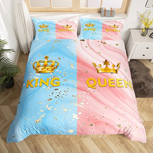 Blue Pastel Pink Marble Bedding Set Queen Size King and Queen Comforter Cover Set Couples Gifts for Men Women Marbling Duvet Cover Abstract Marble Grain Fluid Art Bed Sets for Couple Bedroom
