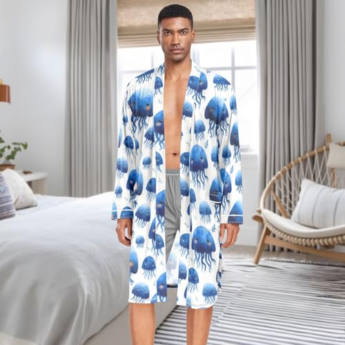 Men’s Robe Cute Jellyfish Print, Long Sleeve Bathrobe for Sleep Shower-M3