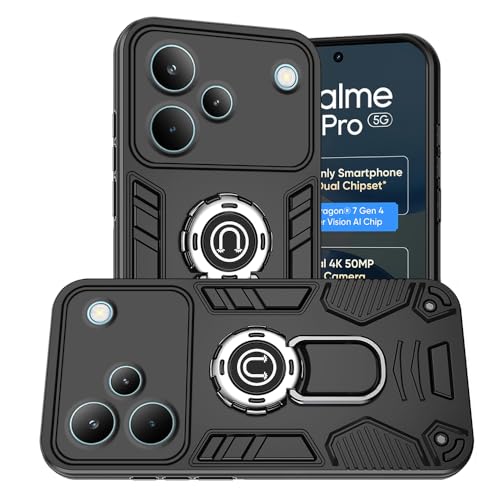 Image of AESTMO Realme P4 Pro 5G Back Case Cover | Tough Armor Bumper | Ring Holder & Kickstand in-Built | 360 Degree Protection Cover for Realme P4 Pro 5G (Black)