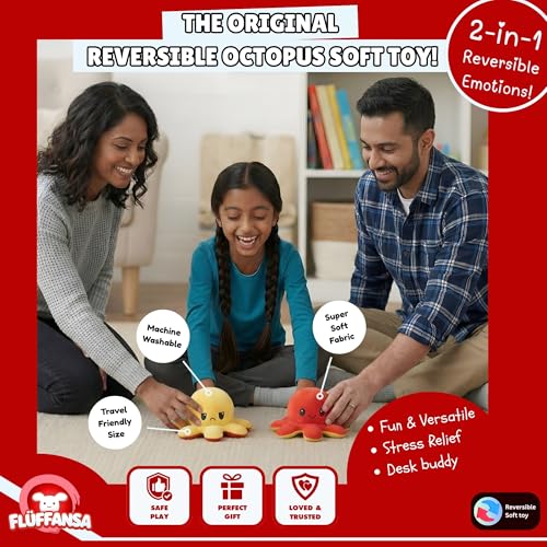 Image of Reversible Octopus Soft Toy for Kids | Best for Valentine & Birthday Gift | Stuffed Animal Plushie for Baby Boys and Girls | Flip Plush Toy for Adults | Red & Yellow
