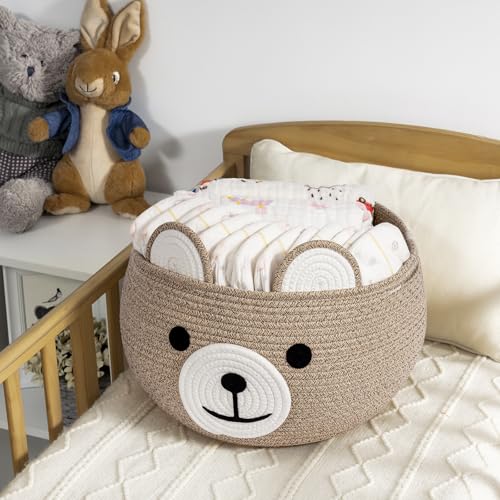 Image of CherryNow Baby Basket for Nursery, Bear Gift Baskets for Kids, Baby Shower Basket with Handles, Small Cute Animal Baskets, Light Brown, 15.7 inch D x 10.5 inch H
